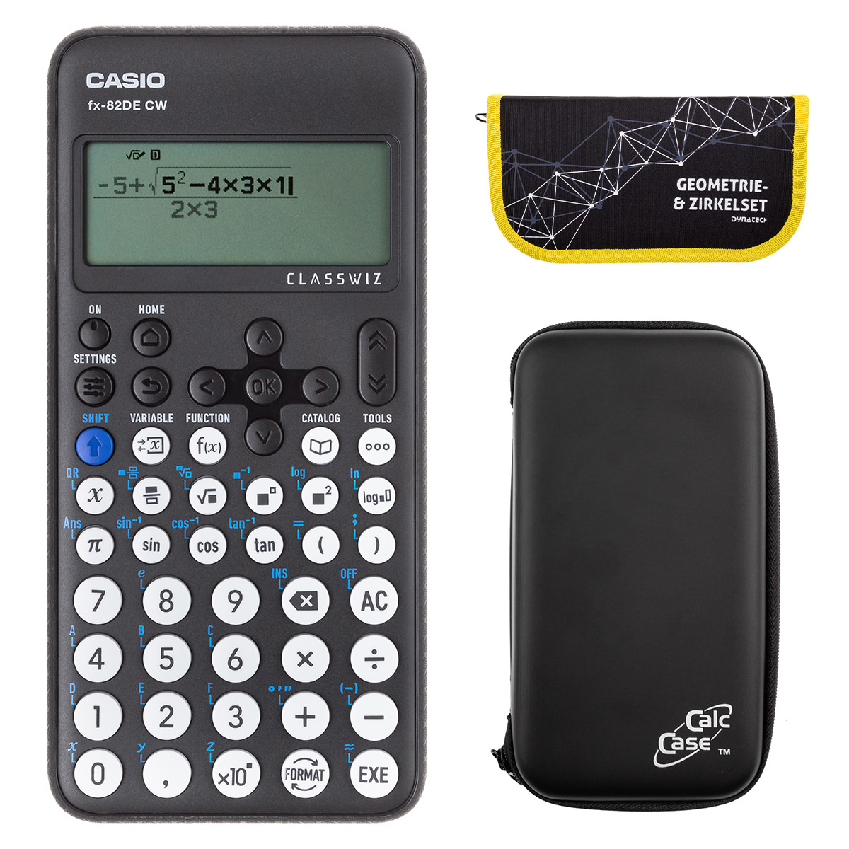 Casio FX-82 DE CW mit CalcCase-Schutztasche, und Zirkelset gelb