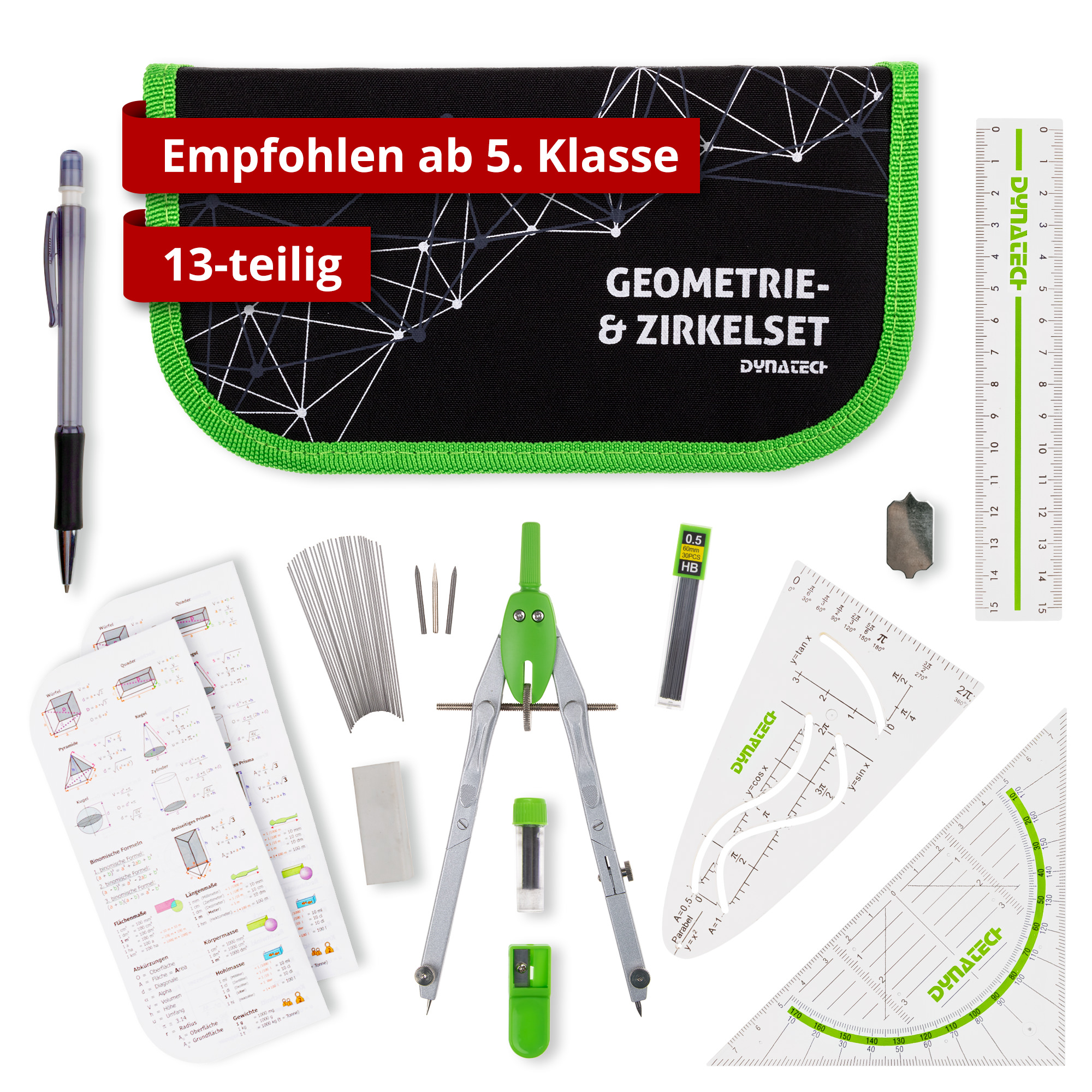DynaTech Schnellverstellzirkel grün inkl. 2 Ersatzminen, Etui & 10 weiteren Zubehörartikeln