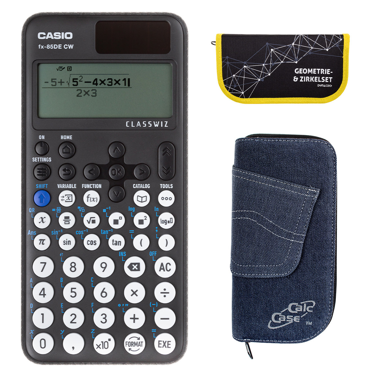 Casio FX-85 DE CW mit Jeans-Tasche dunkelblau und Zirkelset gelb