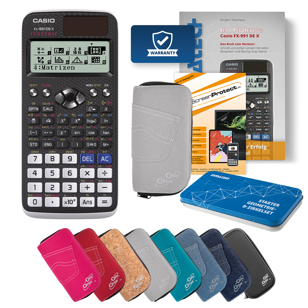 Casio FX-991 DE X Rechner mit Tasche hellgrau, Folie, Fachbuch und Zirkel Set 