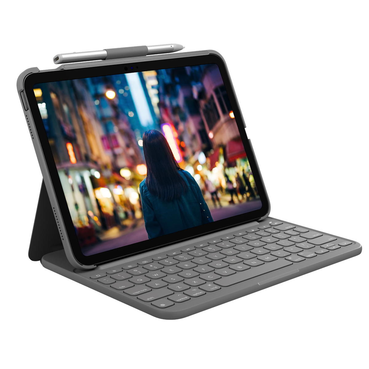 Logitech Slim Folio mit QWERTZ Tastatur Deutsch, Grau, Bluetooth, für iPad A16 & iPad 10. Generation
