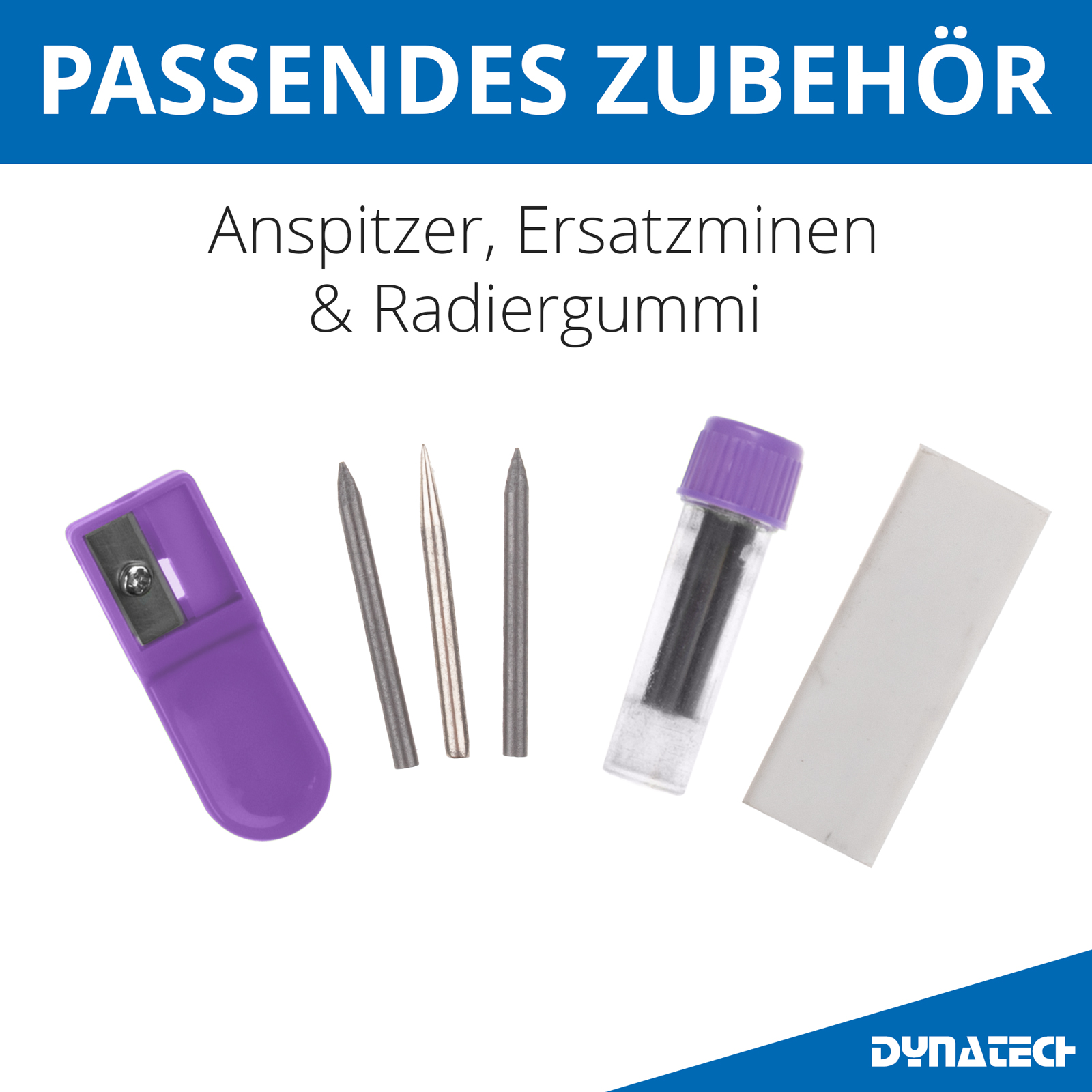 DynaTech Schnellverstellzirkel violett inkl. 2 Ersatzminen, Etui & 10 weiteren Zubehörartikeln