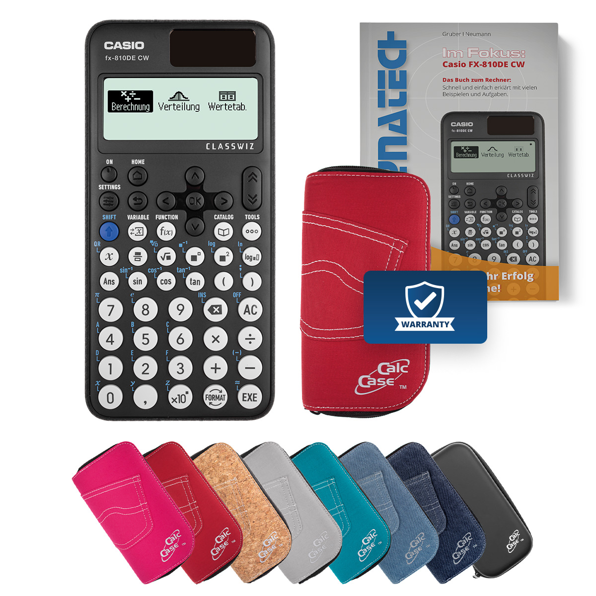 Casio FX-810 DE CW Schulrechner mit Schutztasche rot und Fachbuch 