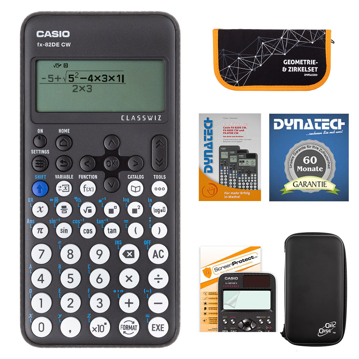 Casio FX-82 DE CW mit CalcCase-Schutztasche, Zirkelset orange, Folie, Buch, Garantie