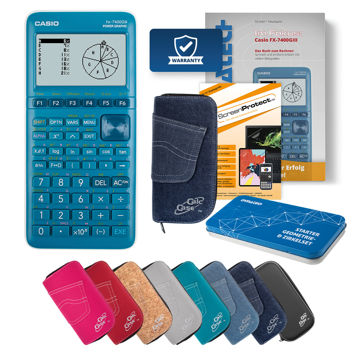 Casio FX-7400 G III Rechner mit Tasche dunkelblau, Folie, Fachbuch, Zirkel Set 