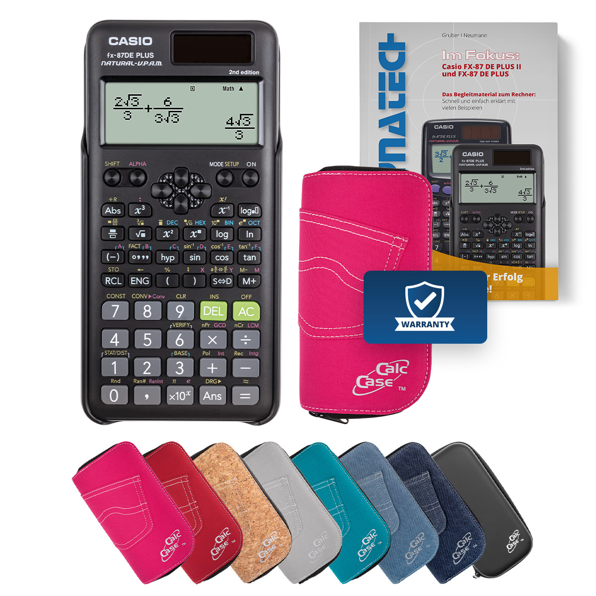 Casio FX-87 DE Plus II Schulrechner mit Schutztasche pink und Fachbuch 