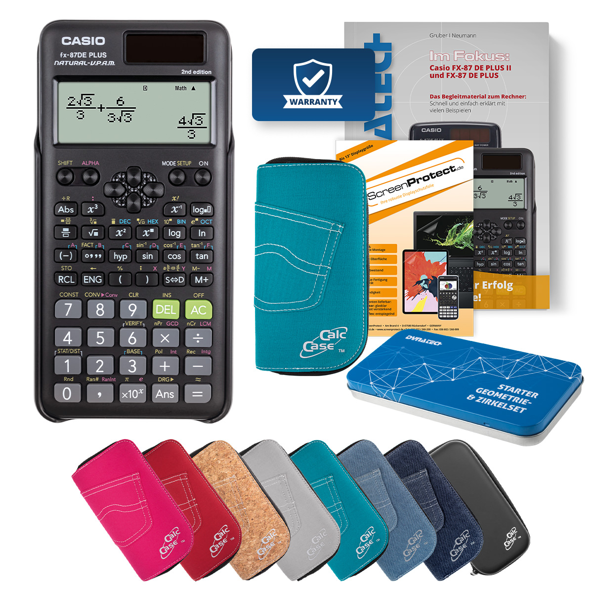 Casio FX-87 DE Plus II Rechner mit Tasche türkis, Folie, Buch und Zirkel Set 