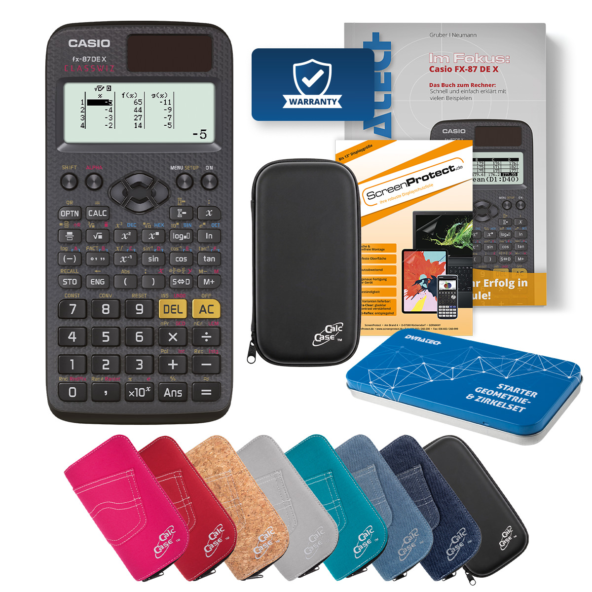 Casio FX-87 DE X Schulrechner Deluxe Bundle mit Tasche, Schutzfolie, Fachbuch & Zirkel Set 