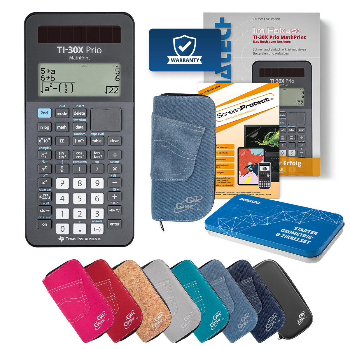 TI-30X Prio MP Rechner mit Tasche hellblau, Schutzfolie, Buch & Zirkel Set 