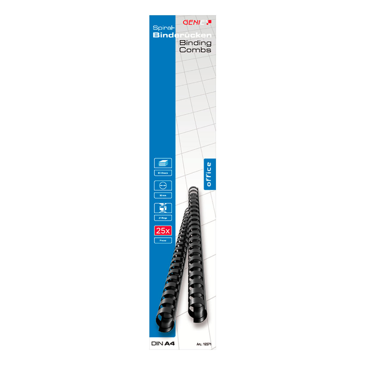 GENIE 12371 Spiralbinderücken / A4 / 10mm (65 Blatt) / schwarz / 25er Pack 