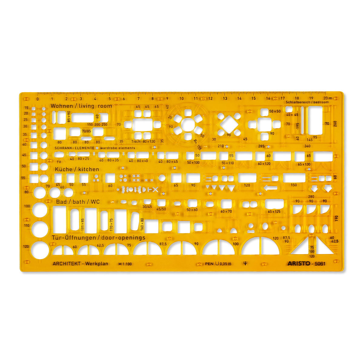 Aristo Architektur-Kombi-Schablone 1:100, 225 x 125 mm, Tuschenoppen 
