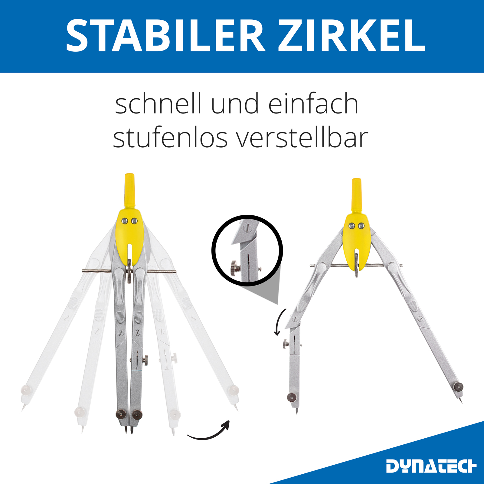 DynaTech Schnellverstellzirkel gelb inkl. 2 Ersatzminen, Etui & 10 weiteren Zubehörartikeln