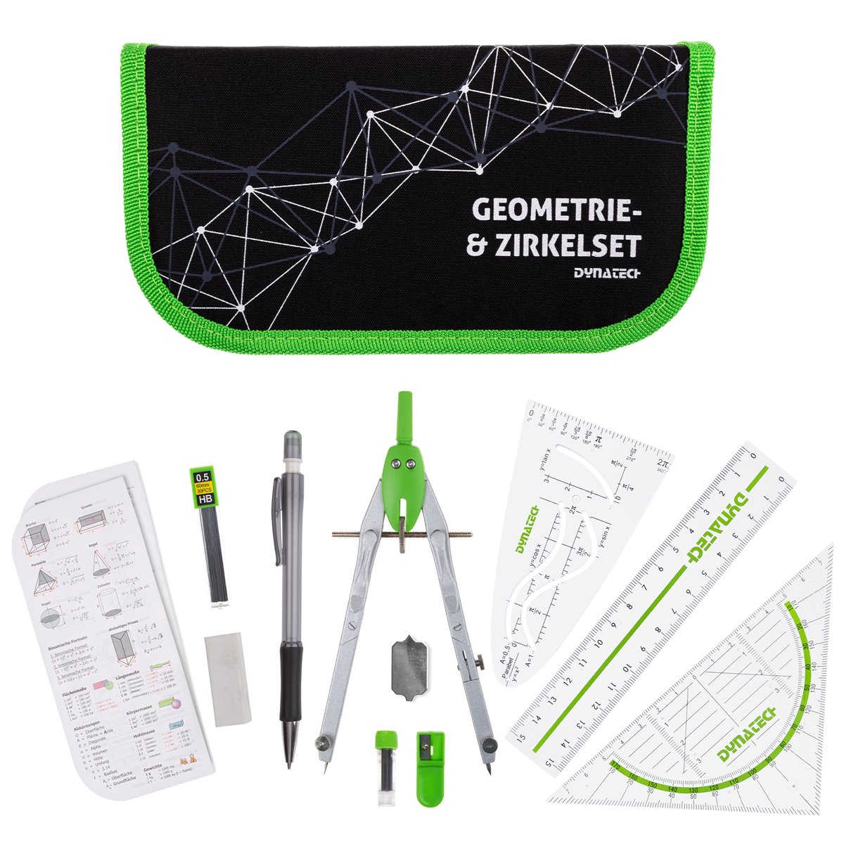 DynaTech Geometrie- und Zirkelset (13-teilig) Etui mit Reißverschluss in grün