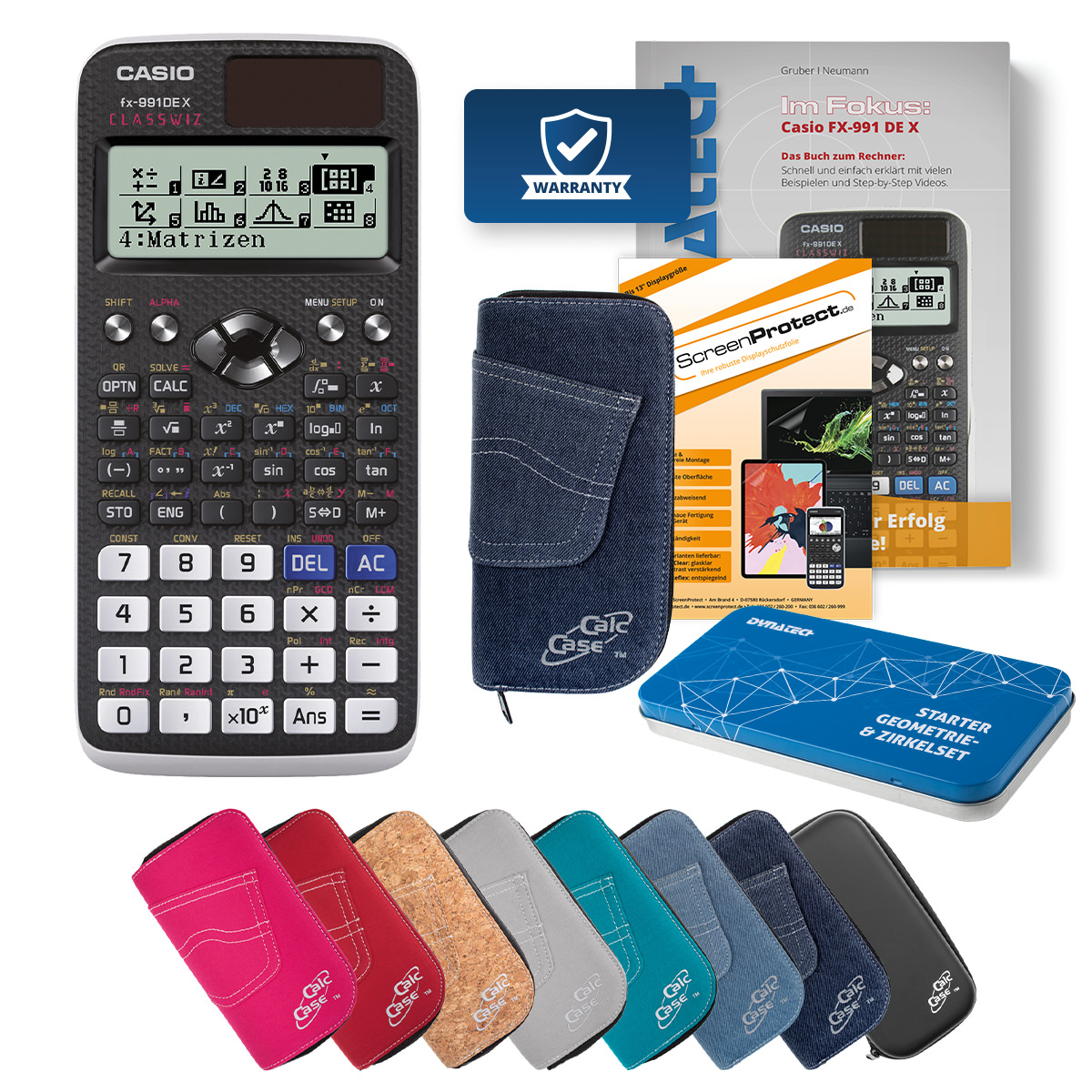 Casio FX-991 DE X Rechner mit Tasche dunkelblau, Folie, Fachbuch und Zirkel Set 