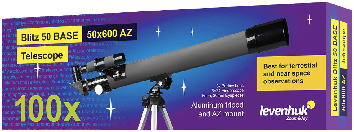 Levenhuk Blitz 50 BASE Telescope 100x, mit 600 mm Brennweite, f/12, Alt-azimutal 