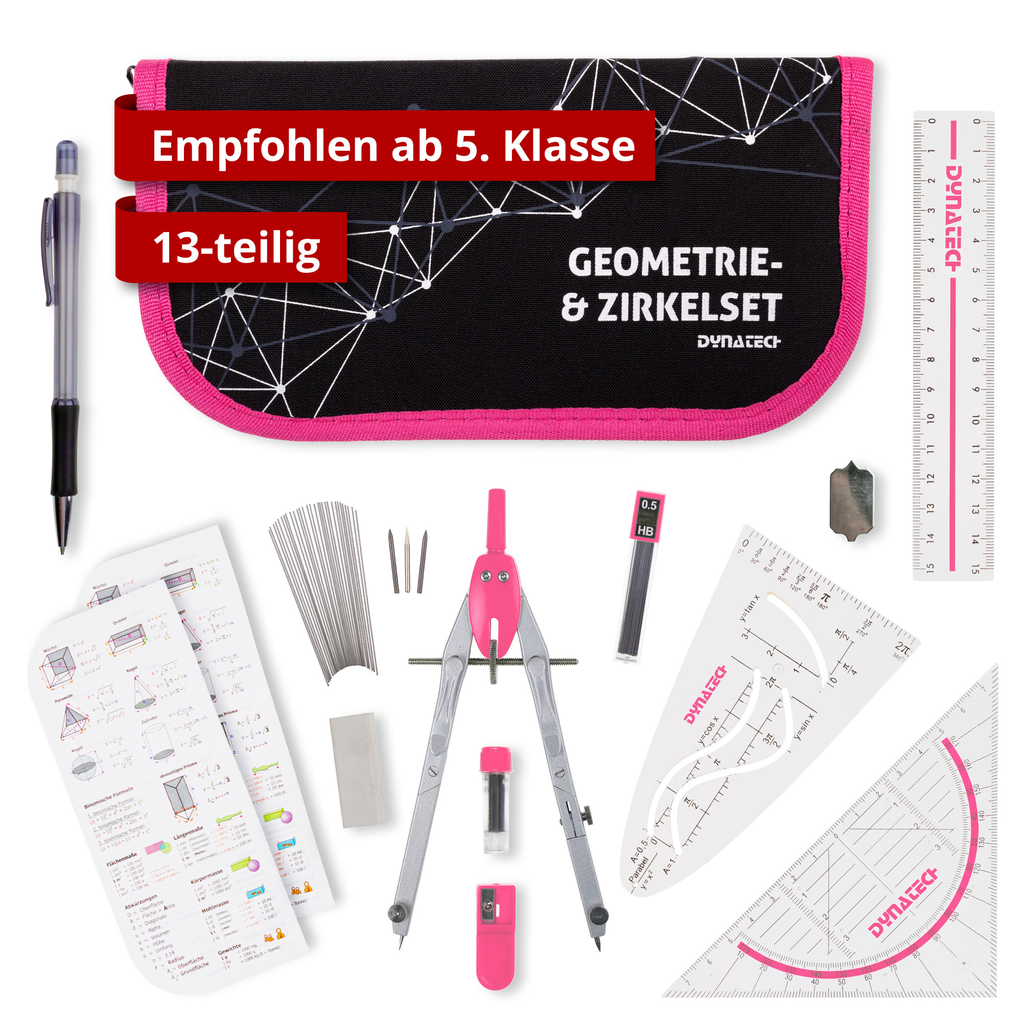 DynaTech Schnellverstellzirkel pink inkl. 2 Ersatzminen, Etui & 10 weiteren Zubehörartikeln