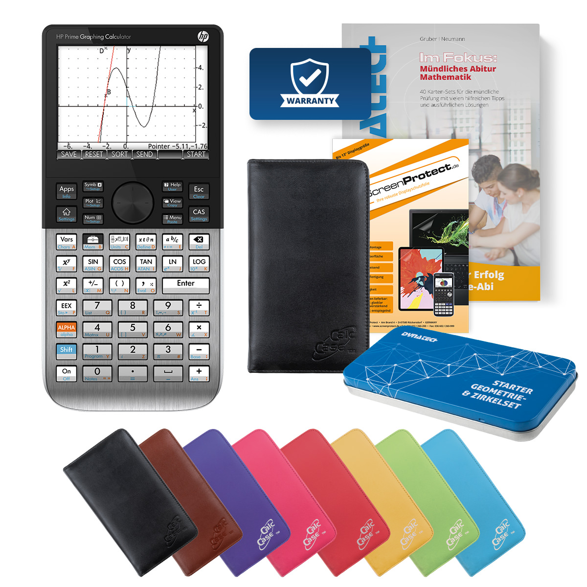 HP-Prime CAS Grafikrechner mit Tasche schwarz, Folie, Fachbuch & Zirkel Set 