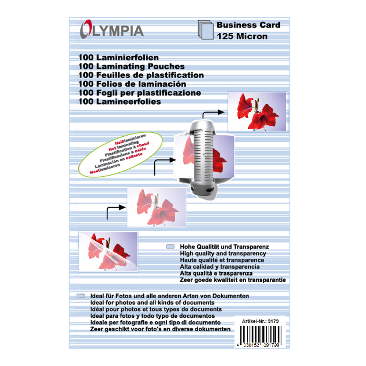 Olympia 9179 Laminierfolien Visitenkarten, 125µ, 100er Pack hochtransparent, hohe Qualität