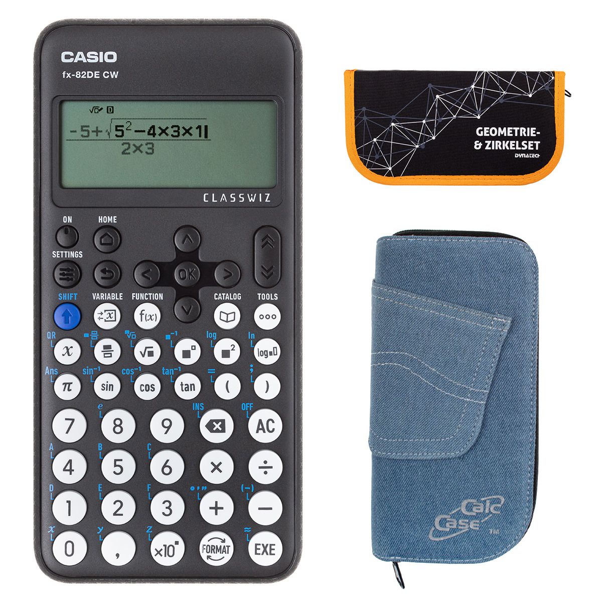 Casio FX-82 DE CW mit Jeans-Tasche hellblau, und Zirkelset orange