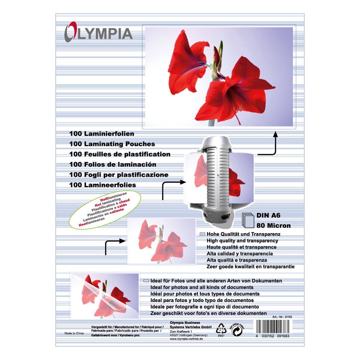 Olympia 9168 Laminierfolien DIN A6, 80µ, 100er Pack hochtransparent, hohe Qualität