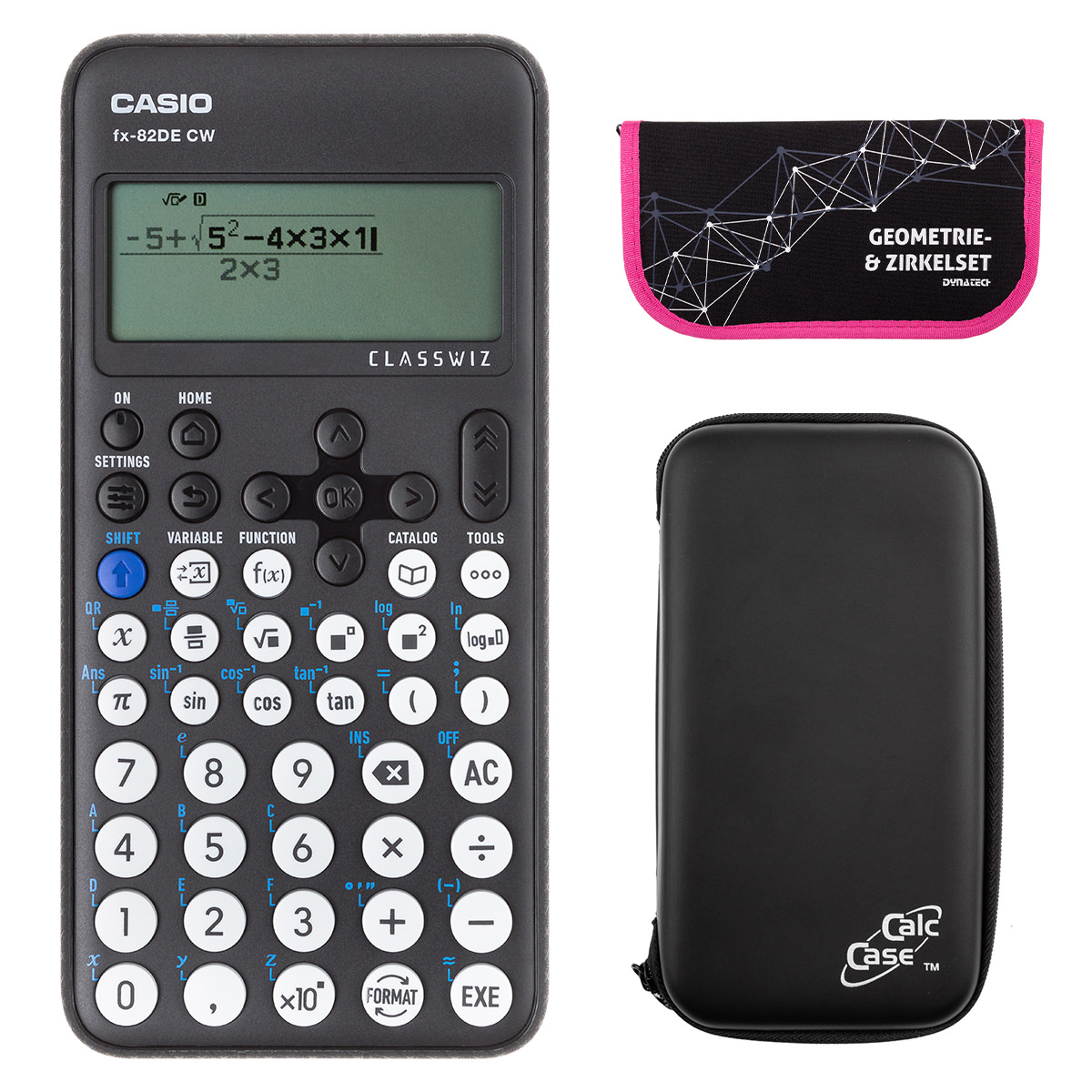 Casio FX-82 DE CW mit CalcCase-Schutztasche, und Zirkelset pink