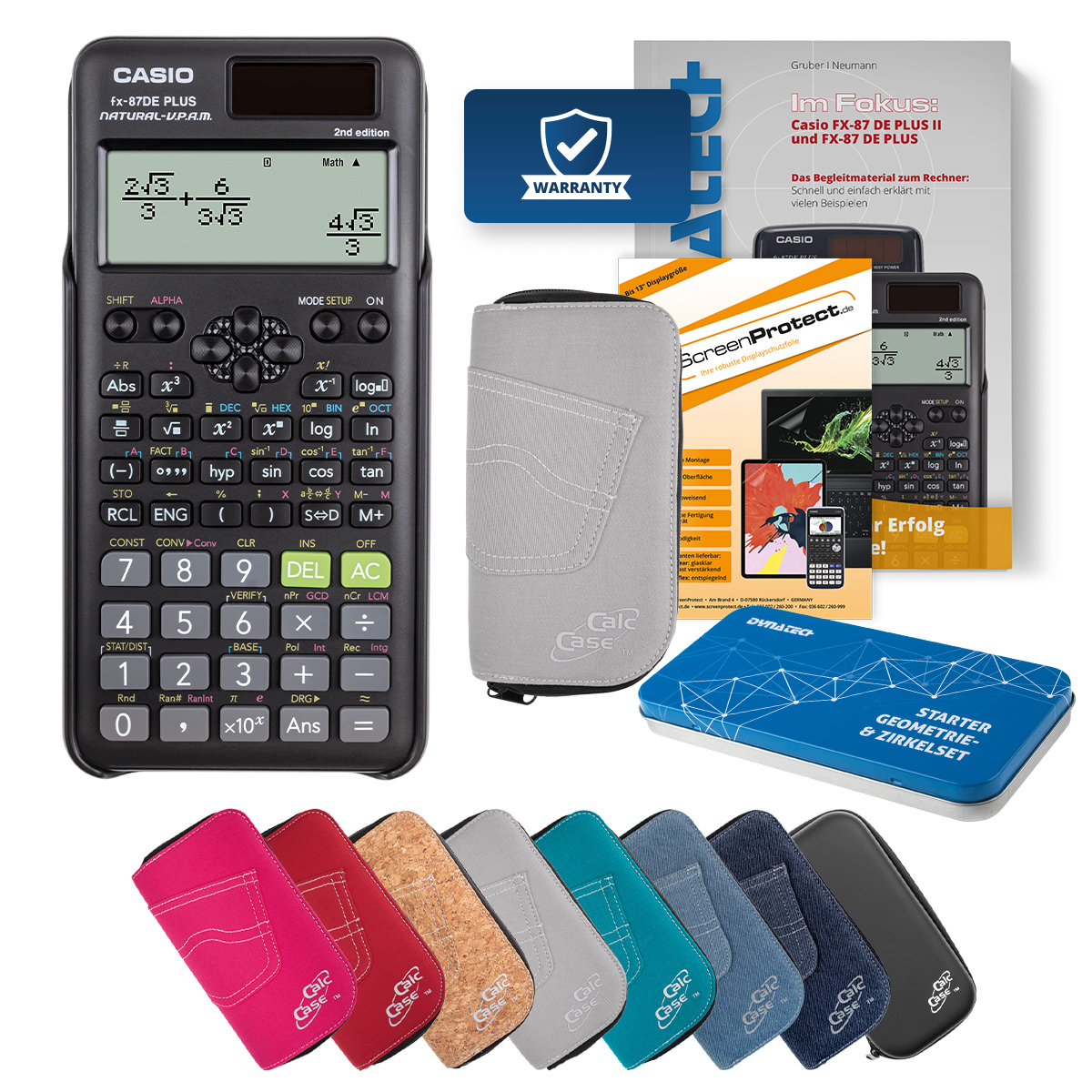 Casio FX-87 DE Plus II Rechner mit Tasche hellgrau, Folie, Buch und Zirkel Set 