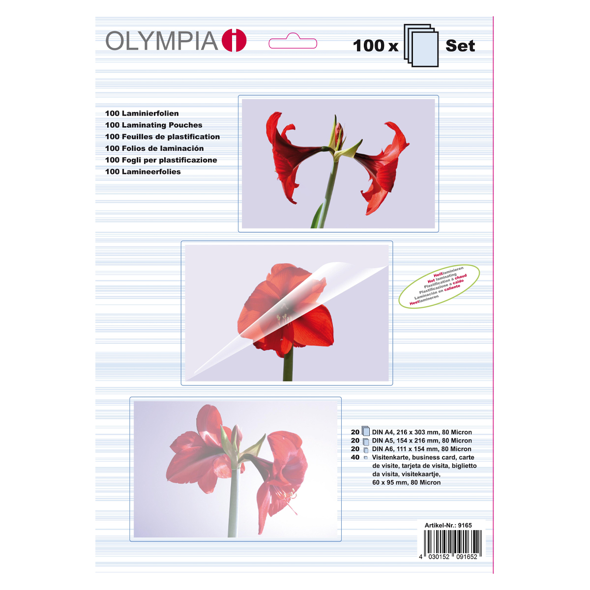 Olympia 9165 Set mit 100 Laminierfolien 80µ, Visitenkartengröße, A6, A5, A4