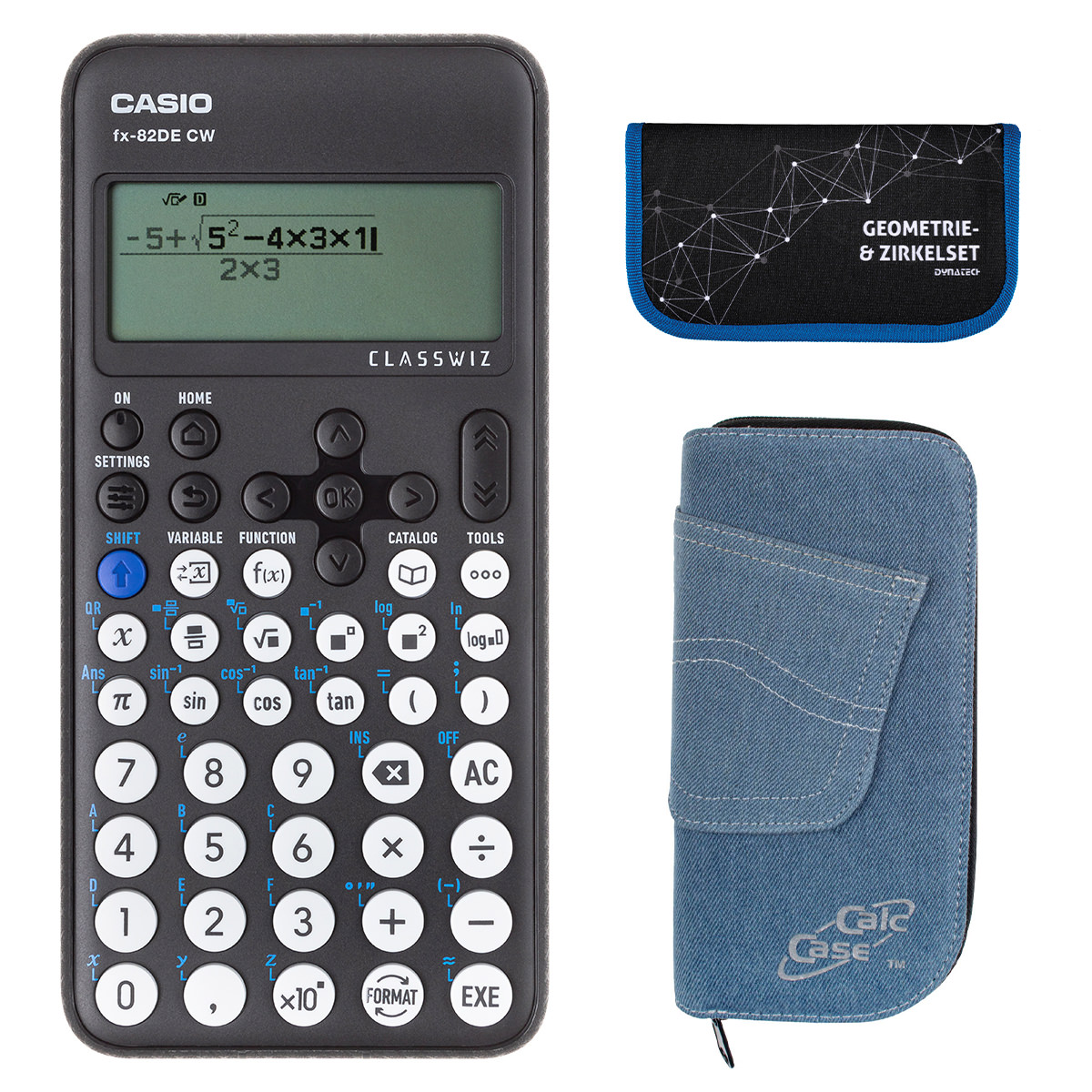 Casio FX-82 DE CW mit Jeans-Tasche hellblau, und Zirkelset blau