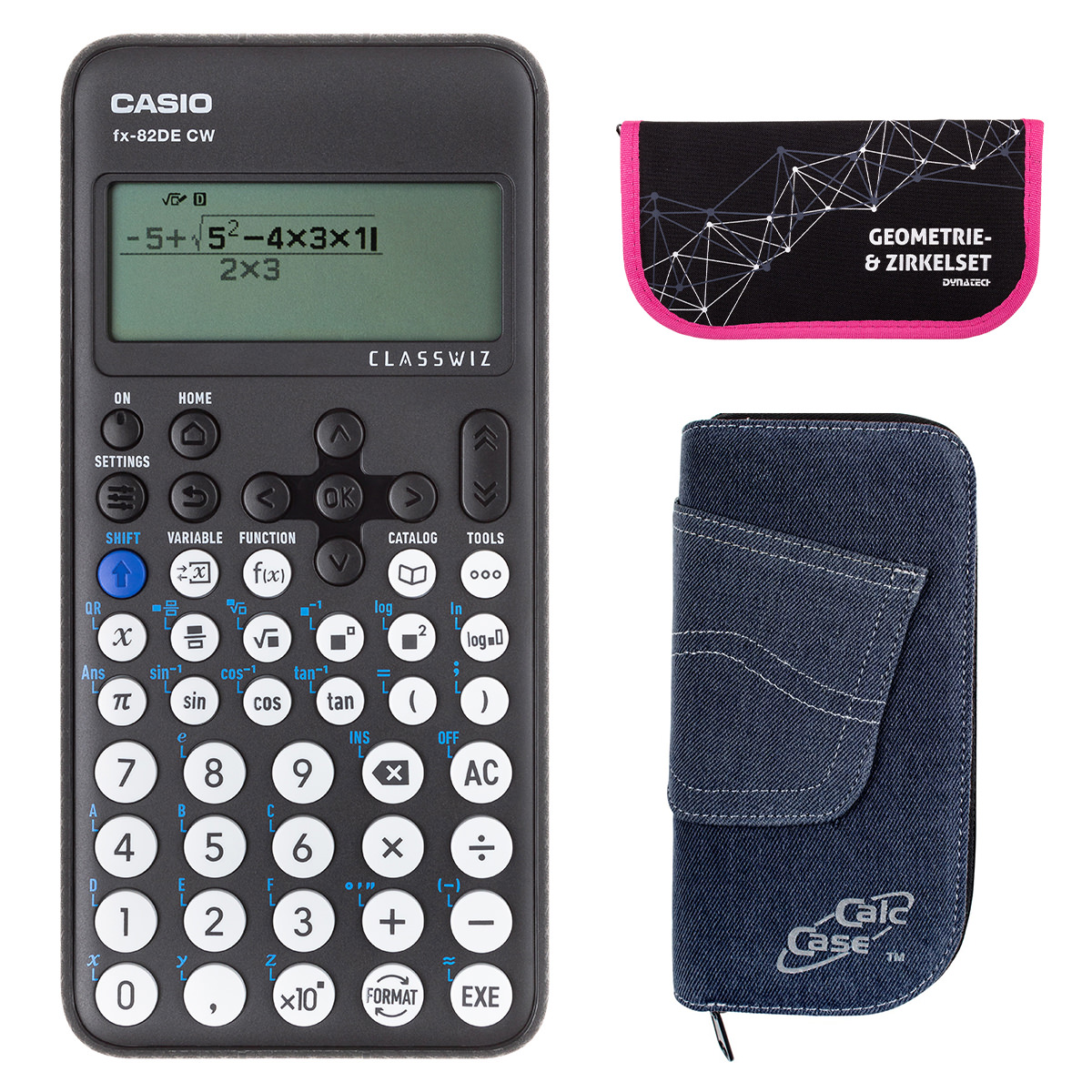 Casio FX-82 DE CW mit Jeans-Tasche dunkelblau, und Zirkelset pink