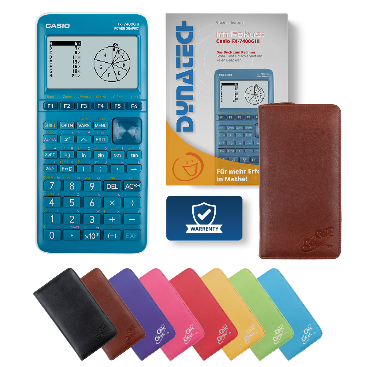 Casio FX-7400 G III Grafikrechner, Schutztasche Rindsleder braun & Fachbuch 