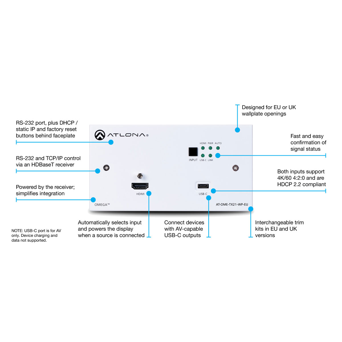 Atlona AT-OME-TX21-WP-E HDBaseT Transmitter, Switcher