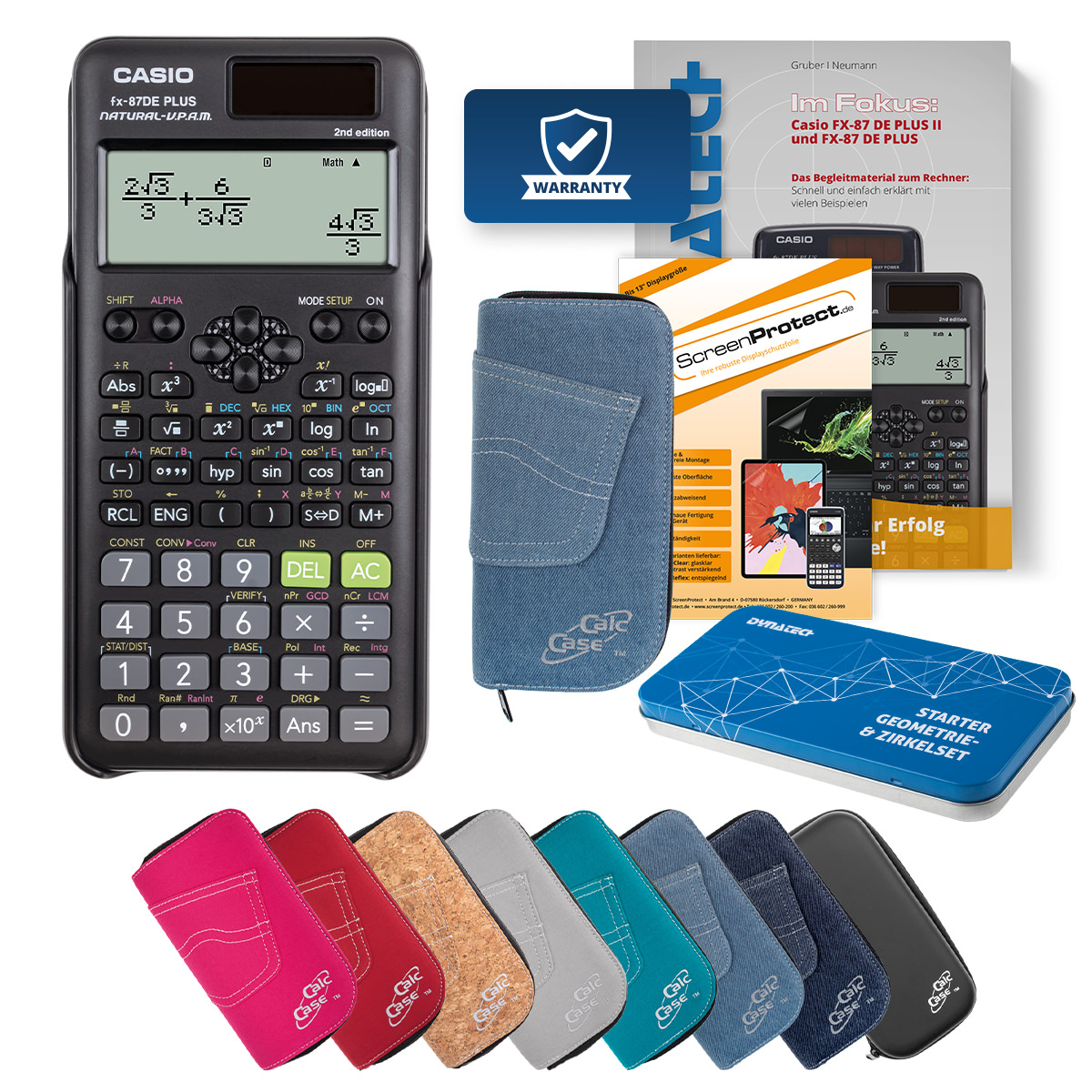 Casio FX-87 DE Plus II Rechner mit Tasche hellblau, Folie, Buch und Zirkel Set 