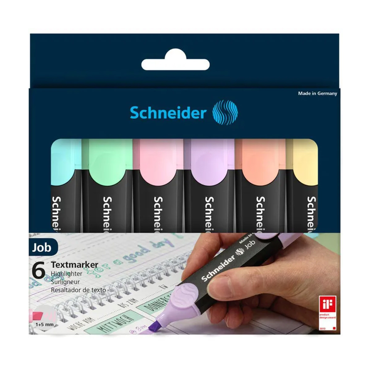 Schneider Job Pastell, Textmarker 6 Stück in Pastellfarben, Strichbreite 1 + 5mm 