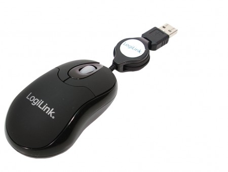 LogiLink USB-Maus Mini mit einziehbarem Kabel schwarz - USB-Anschluss - 3Tasten - 800 dpi