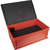 Aufbewahrungsbox mit Deckel für 50 Schulrechner  600mm x 400mm x 220mm, Kunststoff, rot, stapelbar