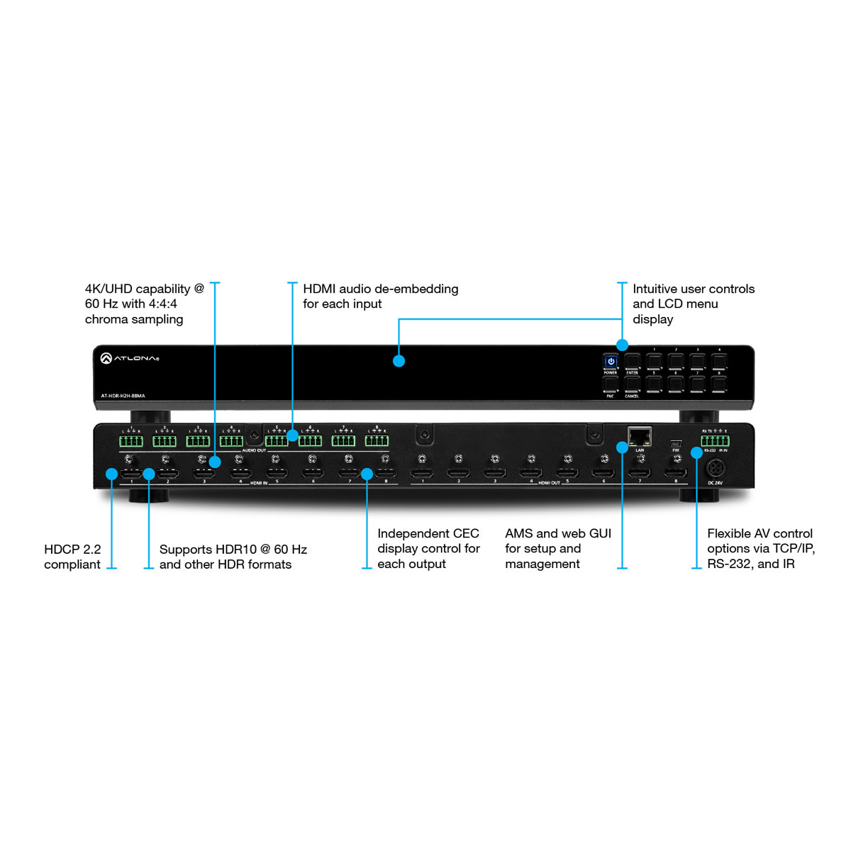 Atlona AT-HDR-H2H-88MA HDMI Matrix 8 X 8, HDMI 2.0