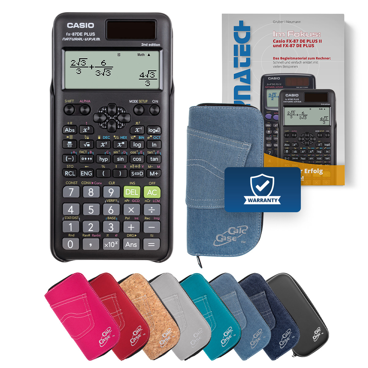 Casio FX-87 DE Plus II Schulrechner mit Schutztasche hellblau und Fachbuch 