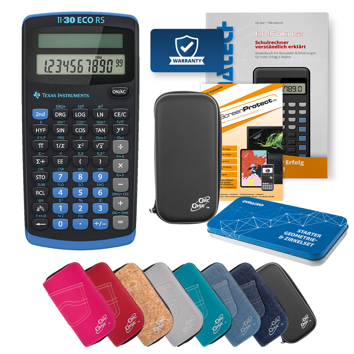 TI-30 ECO RS Schulrechner Deluxe Bundle mit Schutztasche, Schutzfolie, Fachbuch und Zirkel Set 
