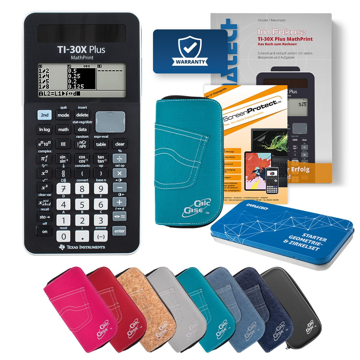 TI-30X Plus MP Rechner mit Tasche türkis, Schutzfolie, Buch & Zirkel Set 