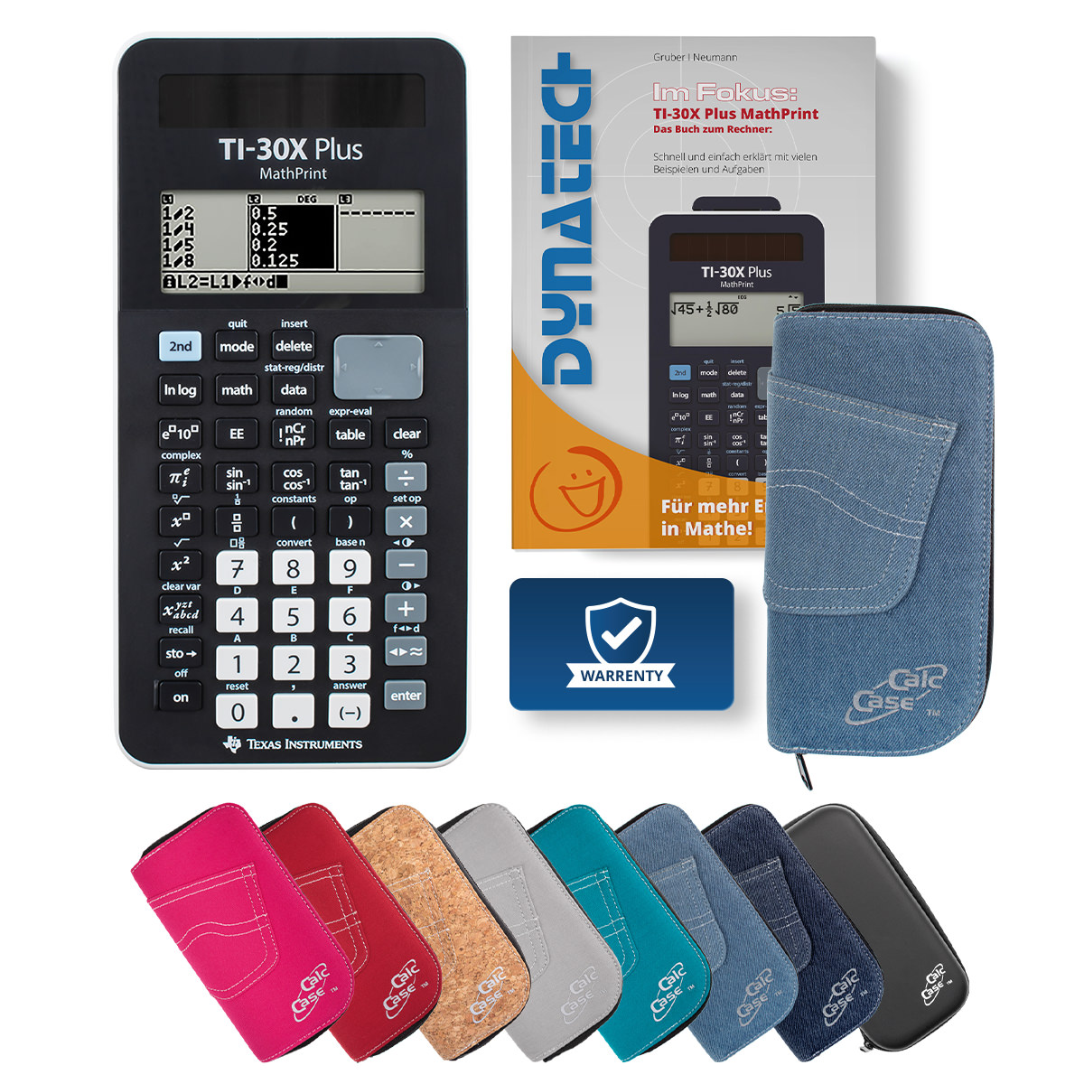 TI-30X Plus MP Schulrechner mit Schutztasche hellblau und Fachbuch 