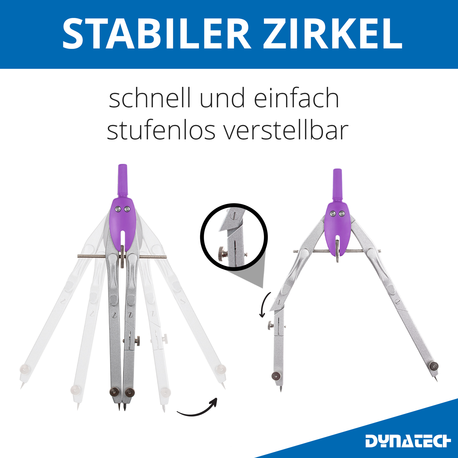 DynaTech Schnellverstellzirkel violett inkl. 2 Ersatzminen, Etui & 10 weiteren Zubehörartikeln