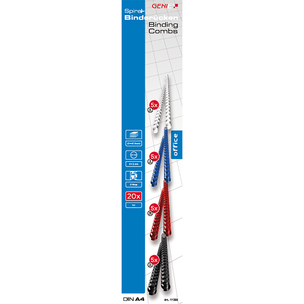 Genie 11099 Spiralbinderücken / 5x 6mm weiß / 5x 8mm blau / 5x. 10mm rot / 5x 12mm schwarz farbiges Sortiment / Inhalt: 20 Stück