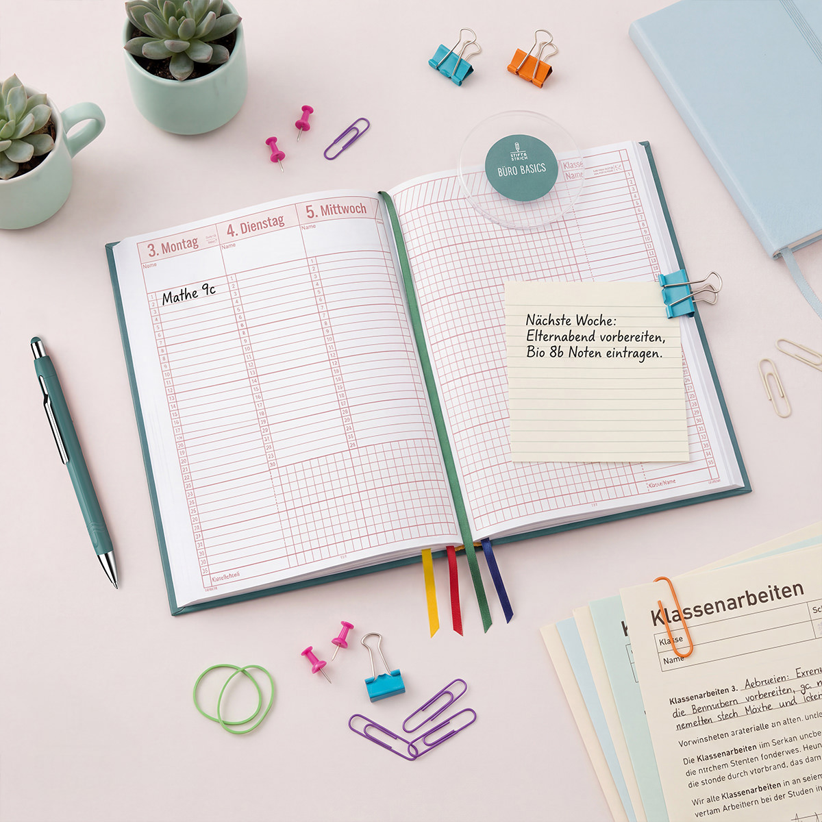 Lehrerkalender A5+ 2026/2027 mit Kugelschreiber & Büro Basic Set - Stift & Strich - aus Pinnnadeln, 