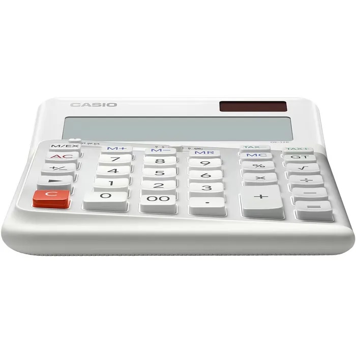 Casio JE-12E WE Tischrechner mit ergonomischen Stufentasten für Rechtshänder langlebige + leise Tasten, Front aus Metall