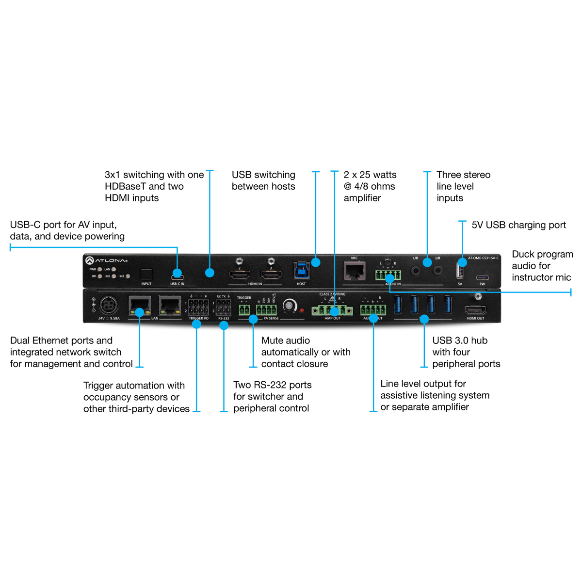 Atlona AT-OME-CS31-SA-C Switcher-AMP, USB-Hub, 3x1