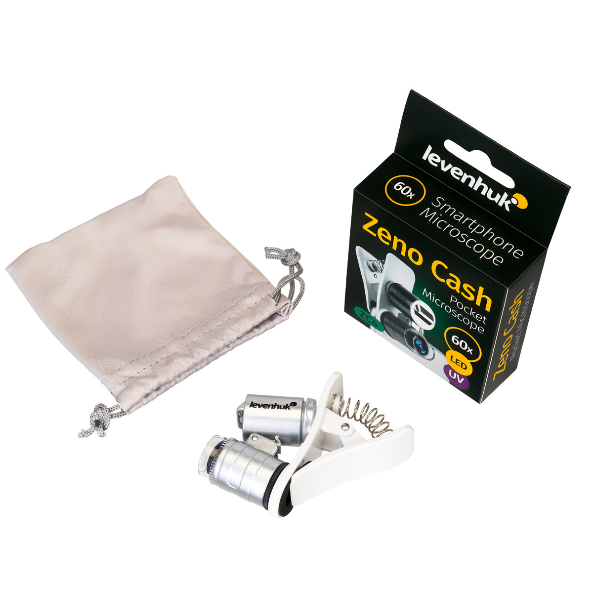 Levenhuk Zeno Cash ZC4 Pocket Mikroskop, 60 fach, LED + UV Beleuchtung, Clip zum Fixieren an einem Mobilgerät