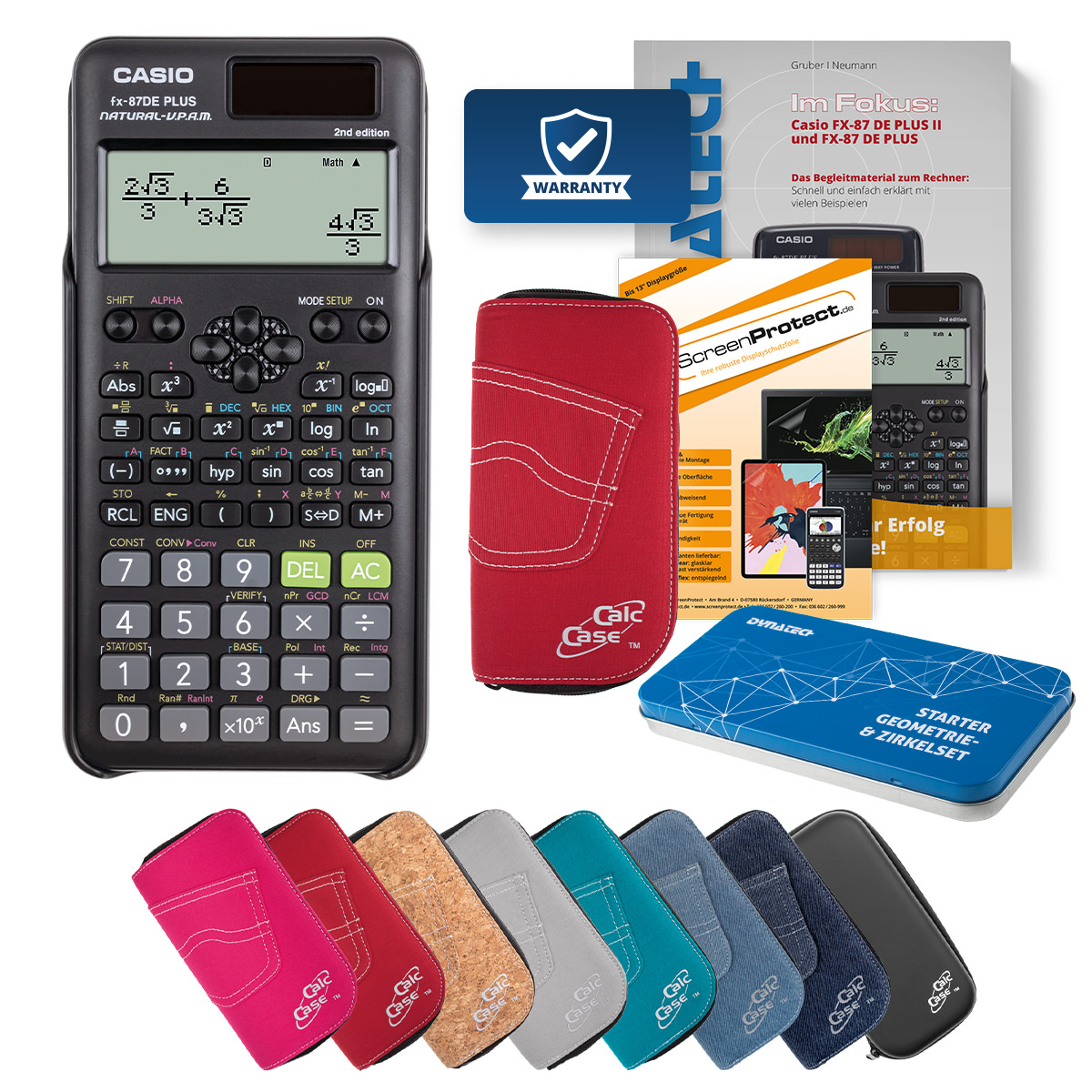 Casio FX-87 DE Plus II Rechner mit Tasche rot, Folie, Buch und Zirkel Set 