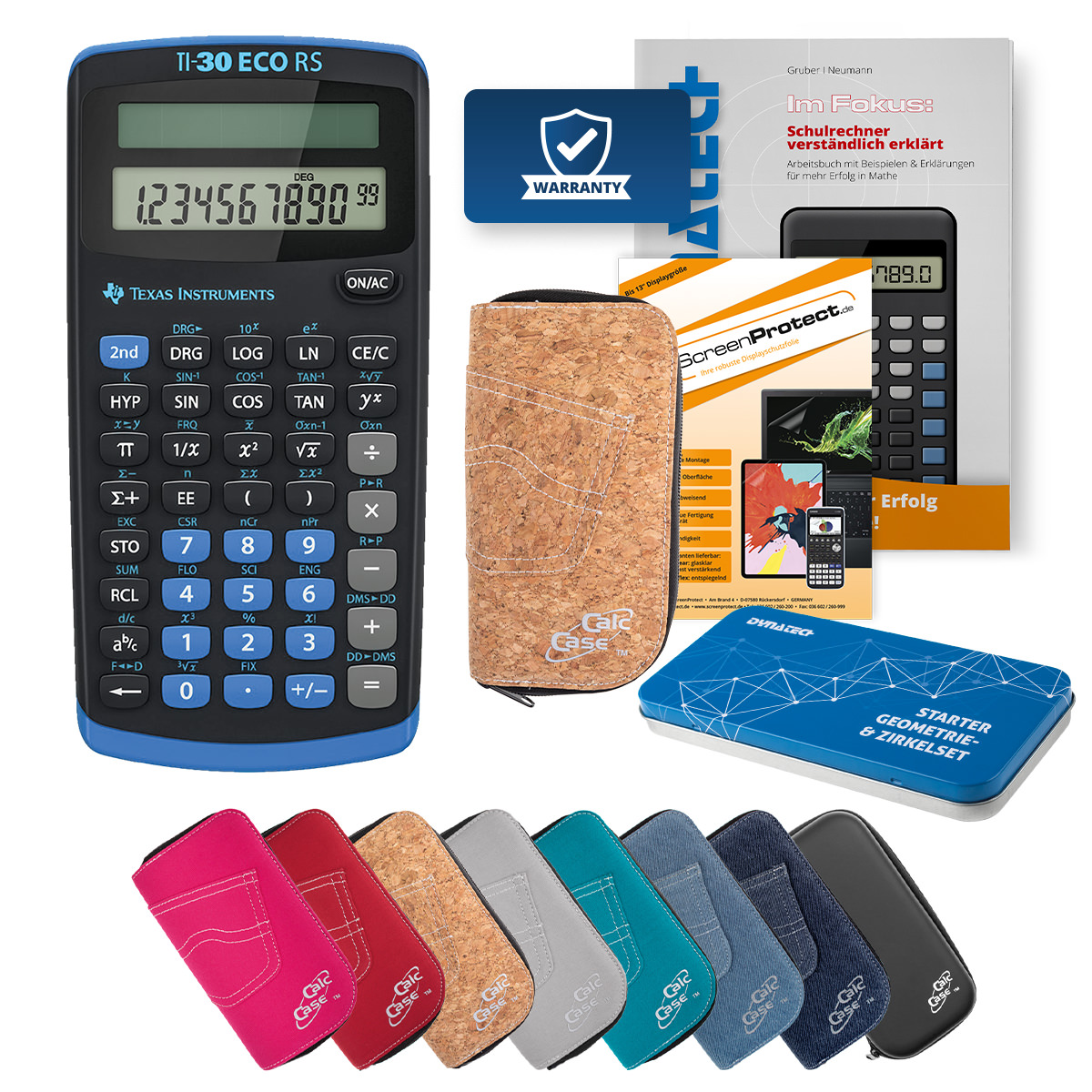 TI-30 ECO RS Rechner mit Tasche kork, Schutzfolie, Fachbuch & Zirkel Set 