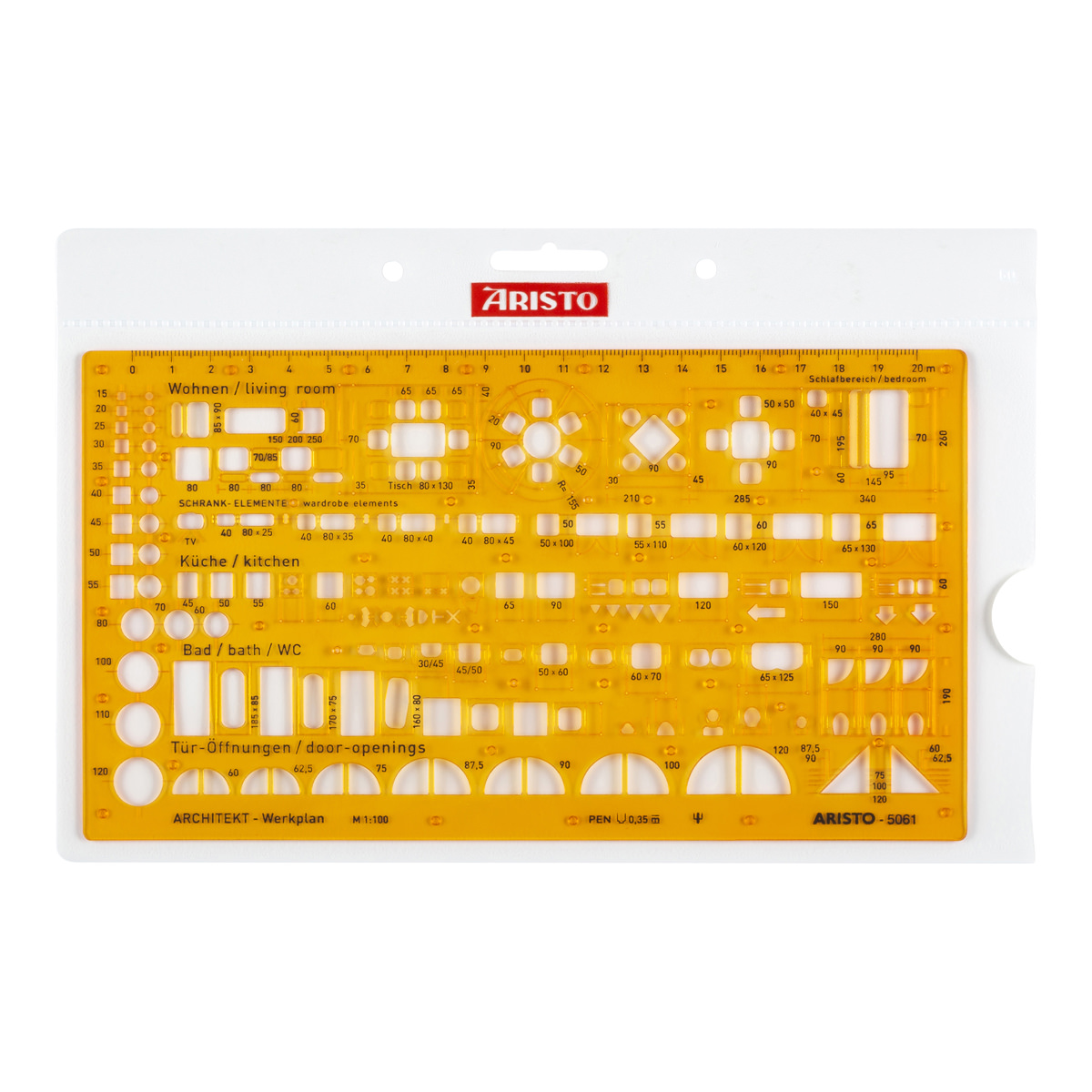 Aristo Architektur-Kombi-Schablone 1:100, 225 x 125 mm, Tuschenoppen 