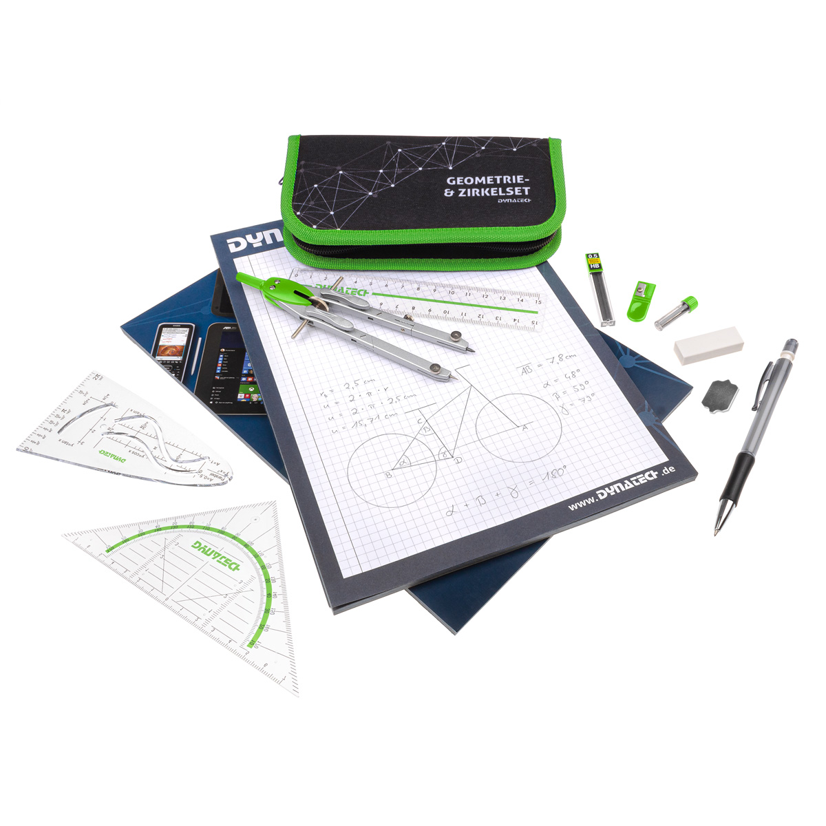 DynaTech Geometrie- und Zirkelset (13-teilig) Etui mit Reißverschluss in grün